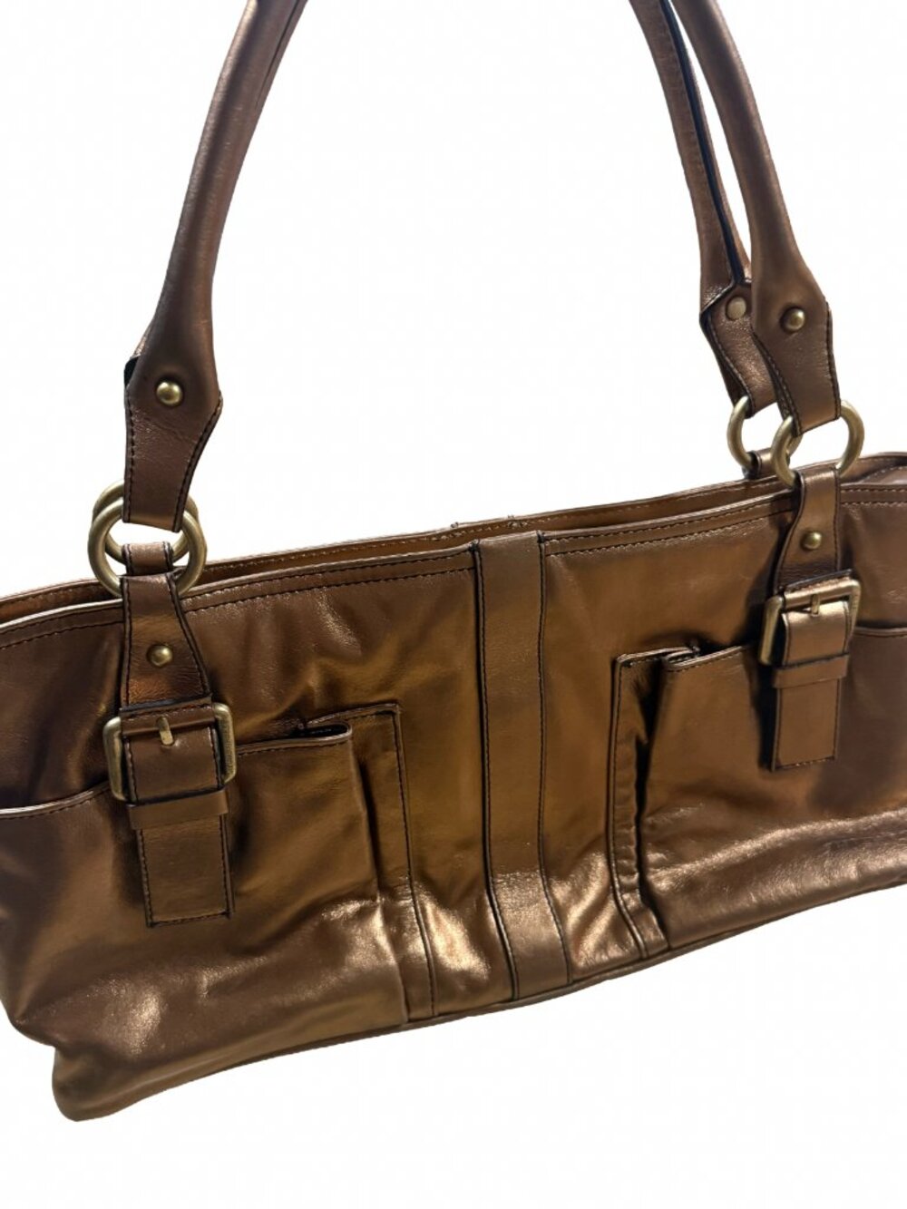 Kenneth Cole New York Metallic Bronze Leather Shoulder Bag Satchel Purse